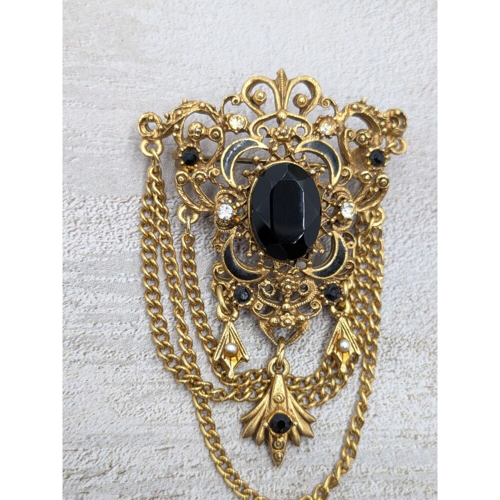 Florenza Brooch Black Cabochon Drape Chain Gold Tone Filigree 2.5in Signed Pin - Picture 4 of 16